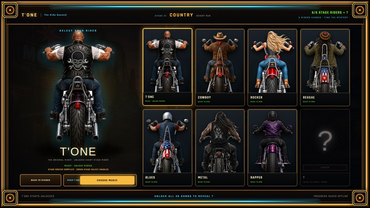 The rider selection screen with T'ONE, Cowboy, Rocker, Reggae, Blues, Metal, Rapper and a locked mystery rider