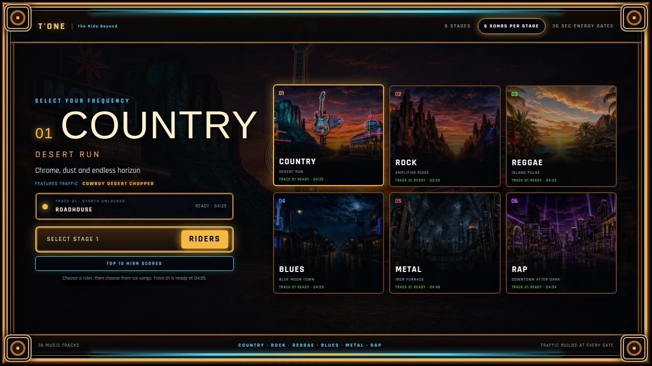 The stage selector showing Country, Rock, Reggae, Blues, Metal and Rap environments