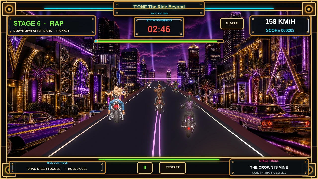 A neon night motorcycle race through the Rap stage city streets